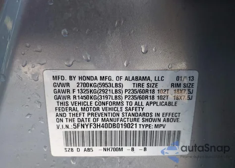 2013 Honda Pilot Ex z USA, uszkodzony, nr VIN 5FNYF3H40DB019021